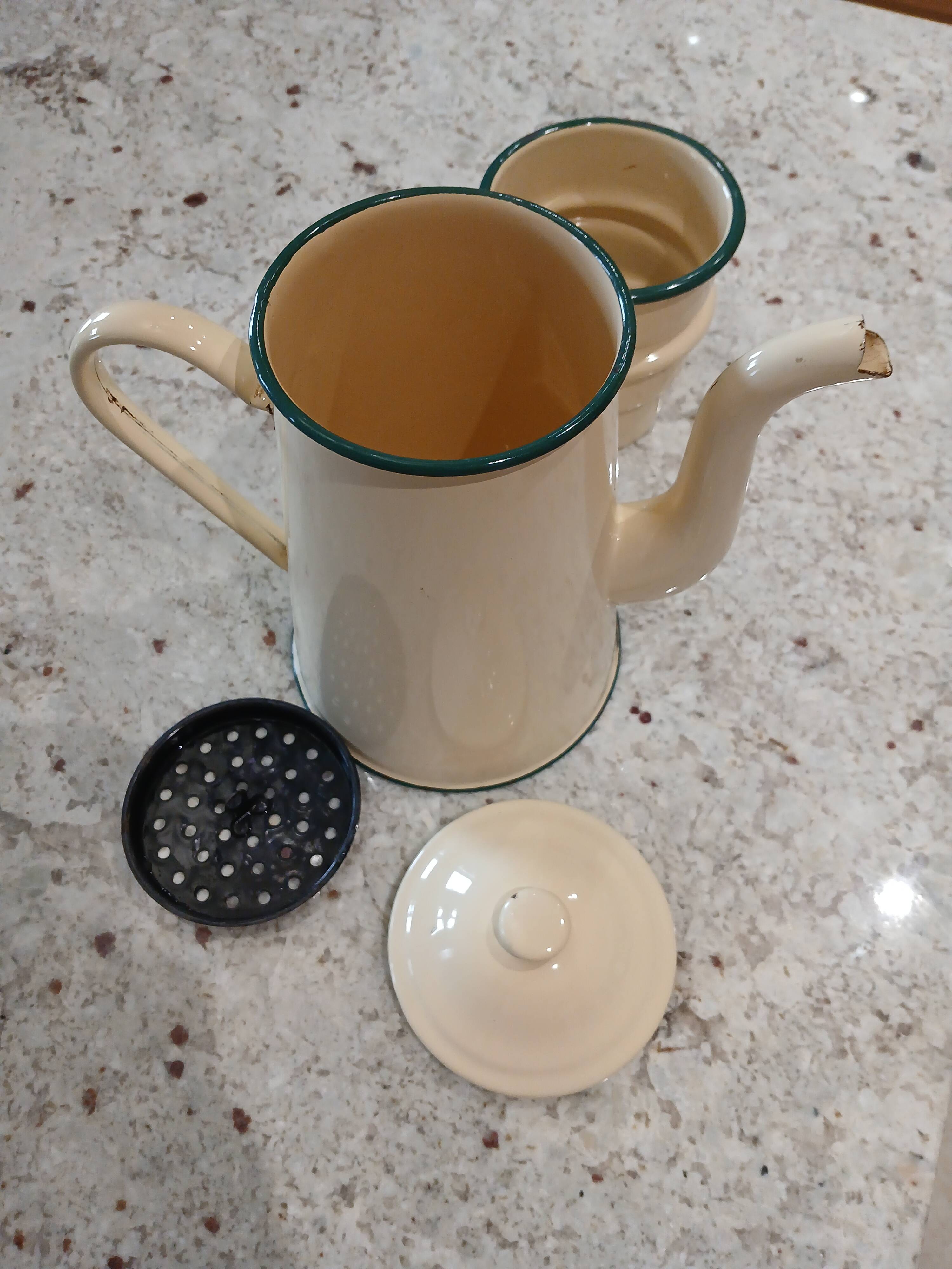 Vintage enamel coffee pot from the 1950s.