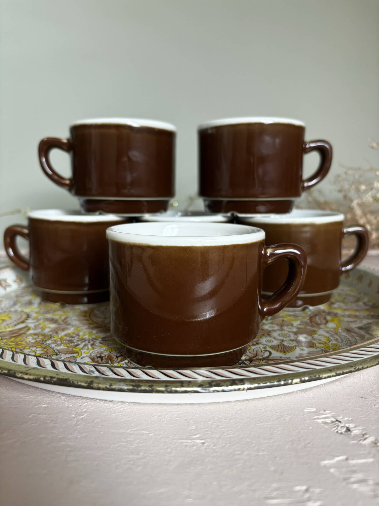 Set of 6 vintage brown glazed bistro coffee cups.