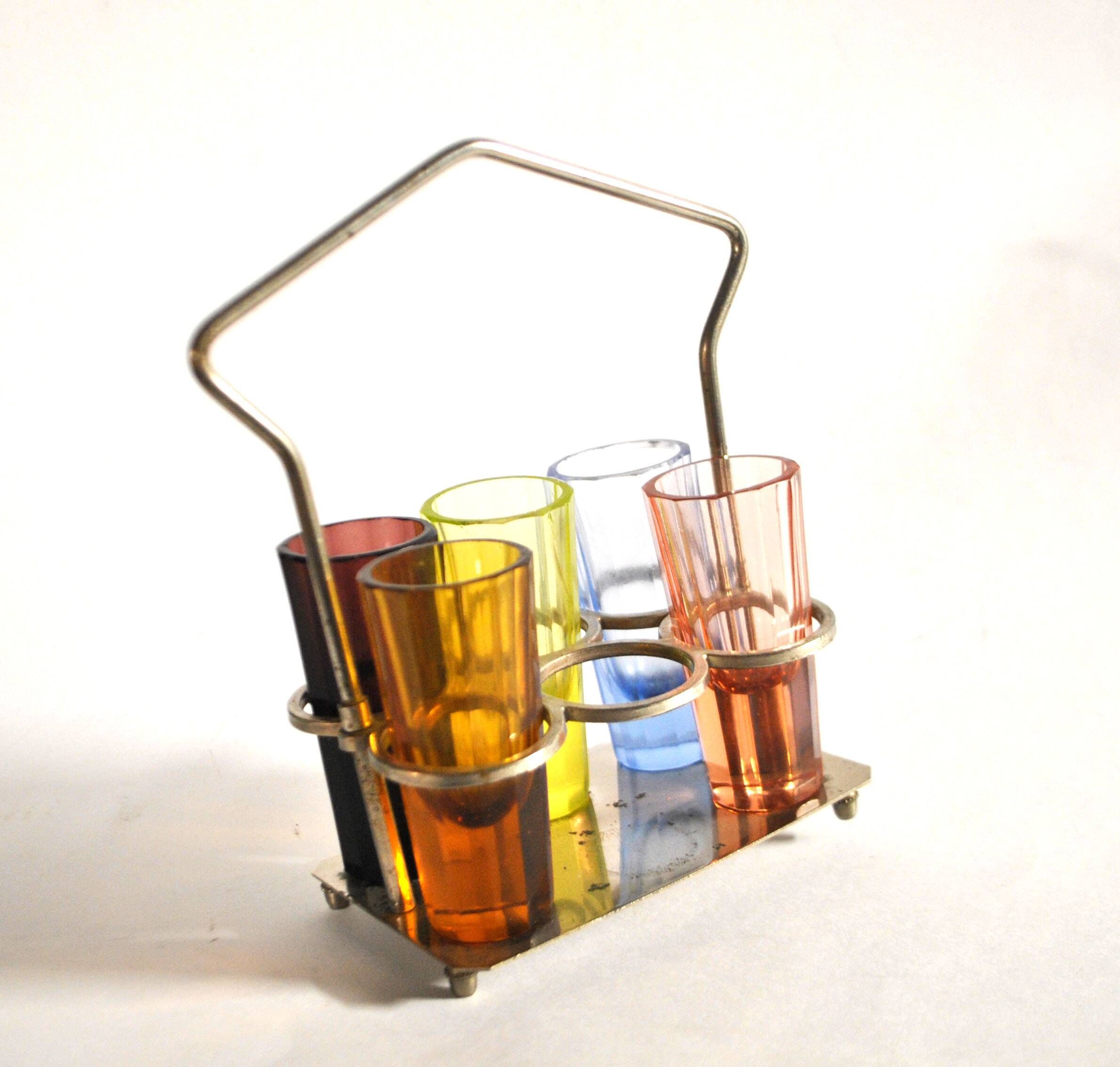 Set of 5 Art Deco 1920s shooter glasses in coloured and uranium glass - ouraline.