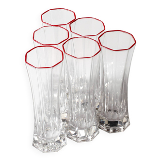 Set of 6 Mid-century Clear Crystal Glasses with Red Rim / Italy / 1980s