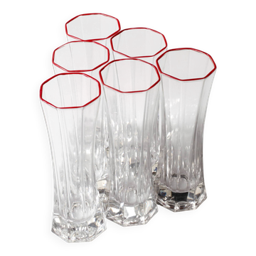 Ensemble de 6 verres en cristal clair des années 50 avec bord rouge / Italie / années 1980
