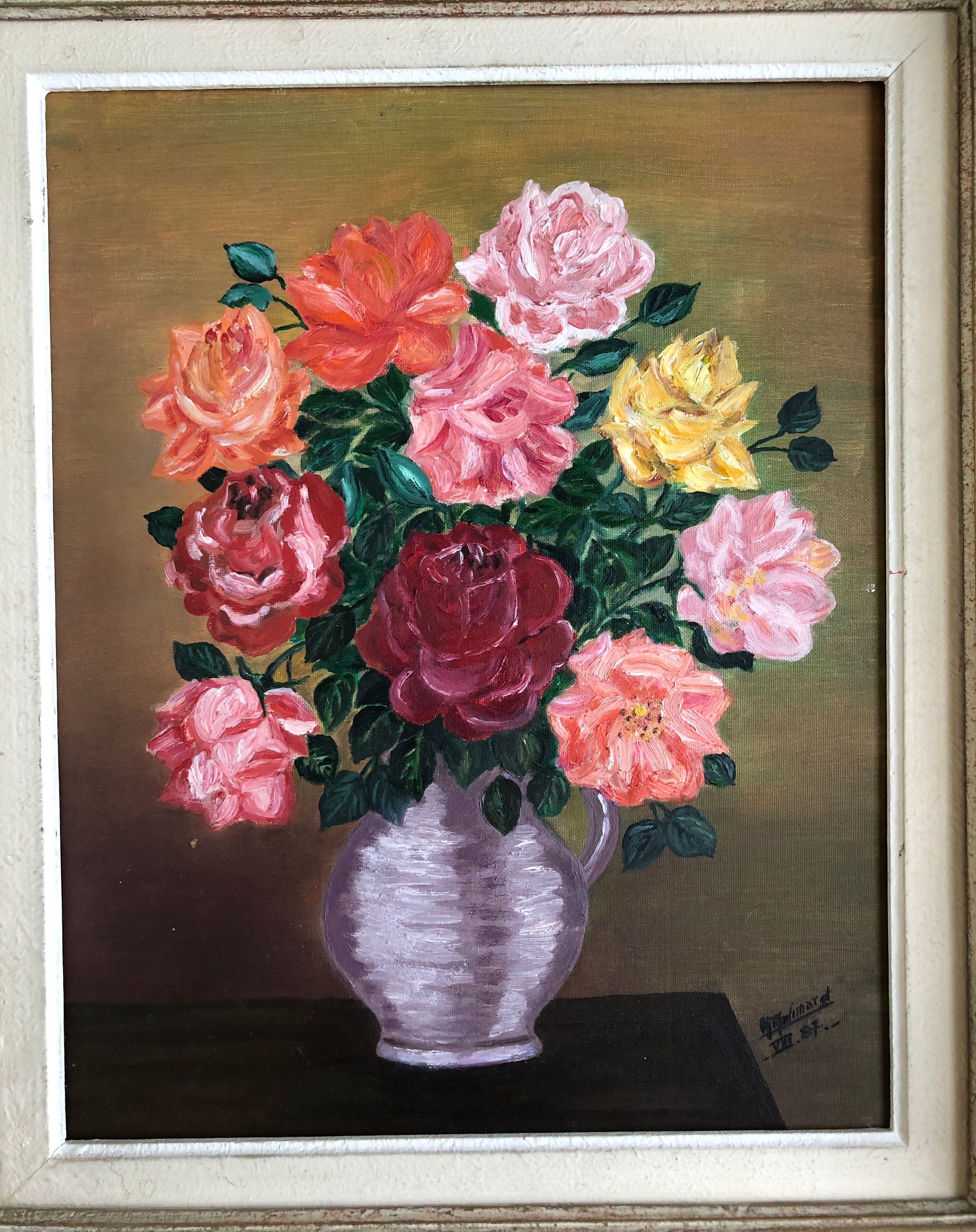 Oil on canvas: still life with bouquet of roses