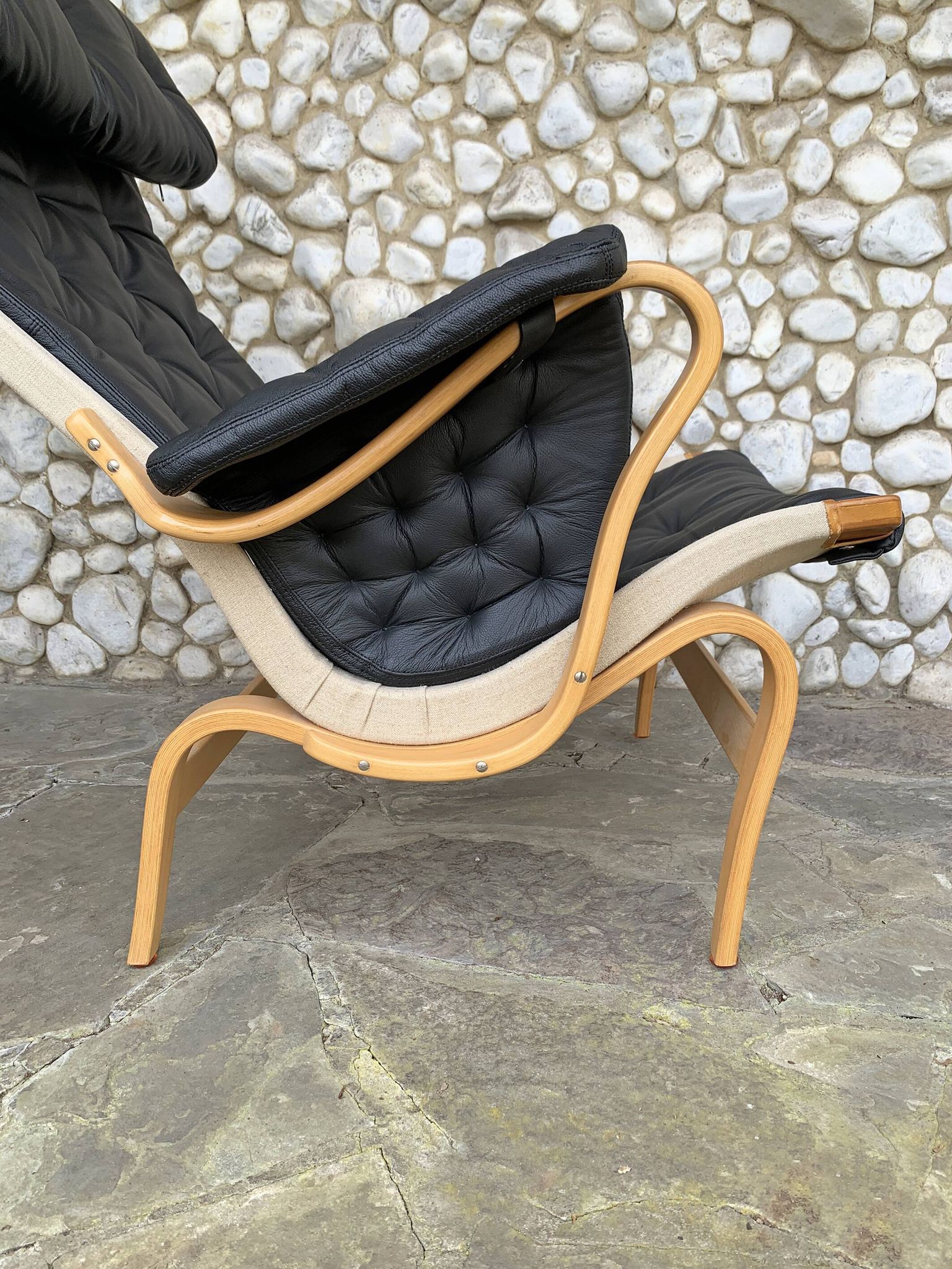 Pernilla armchair new black leather by Bruno Mathsson, Dux, Sweden 1970
