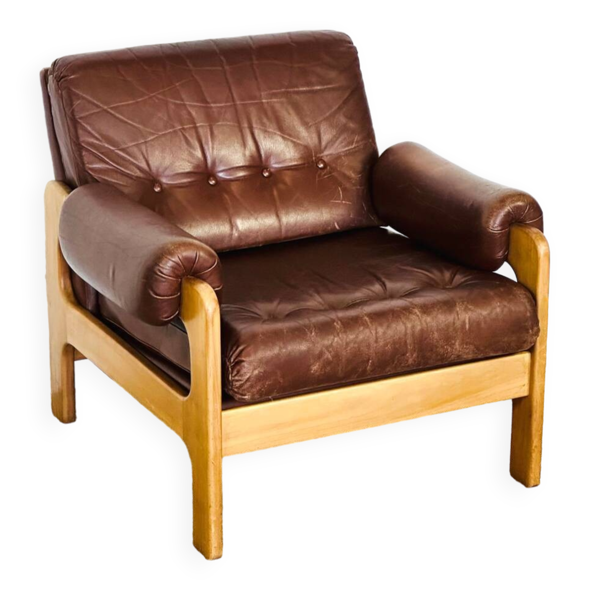 Vintage Scandinavian leather and teak armchair 1960