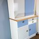 Kitchen cabinets, pastel blue and light gray, vintage from the 60s