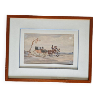 Johnny Audy (actif de 1840 à 1880) - Aquarelle sur papier - "La diligence" - Signée en bas à droite