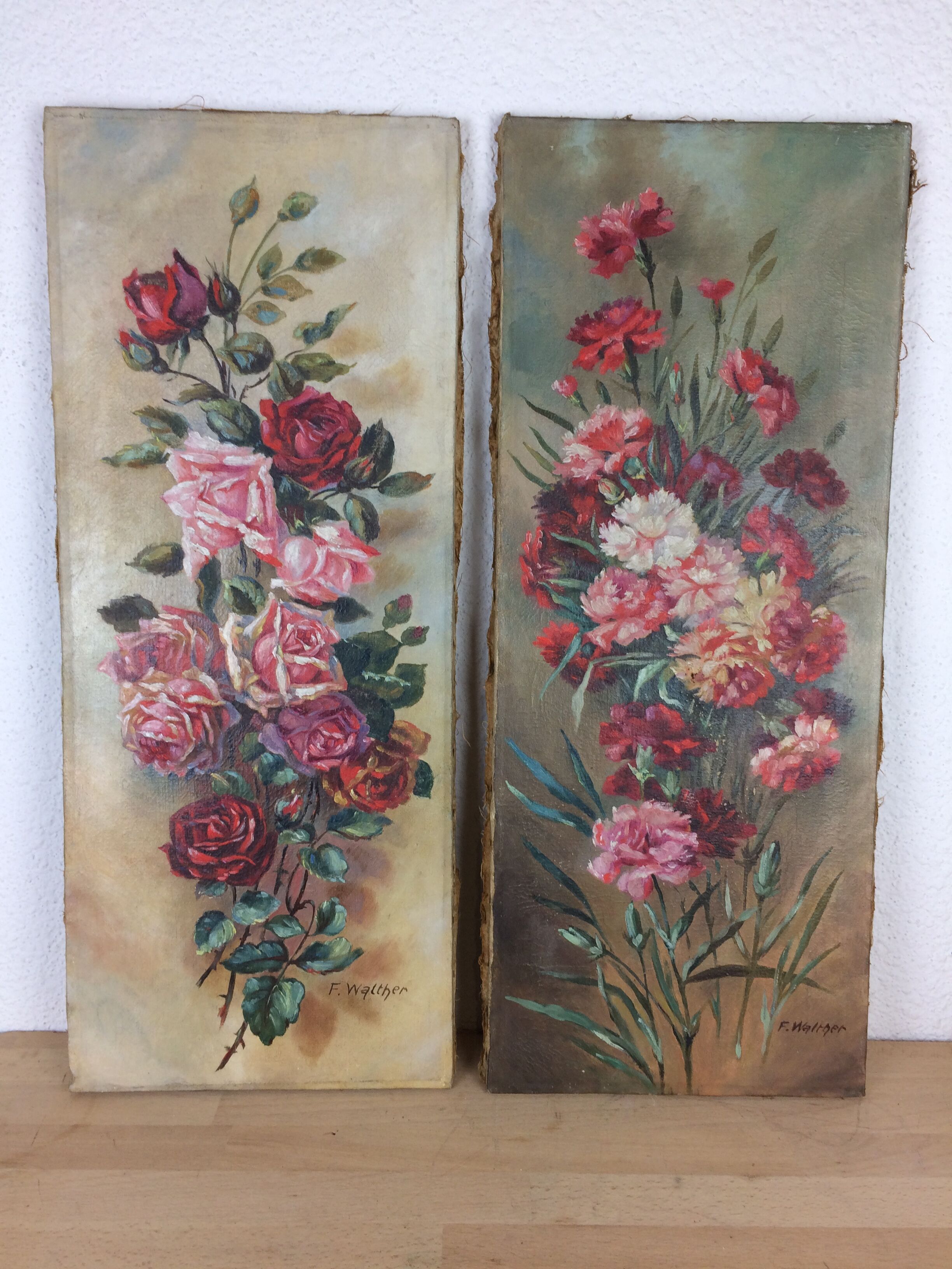 Suite of 2 old still lifes, painting on canvas, flowers