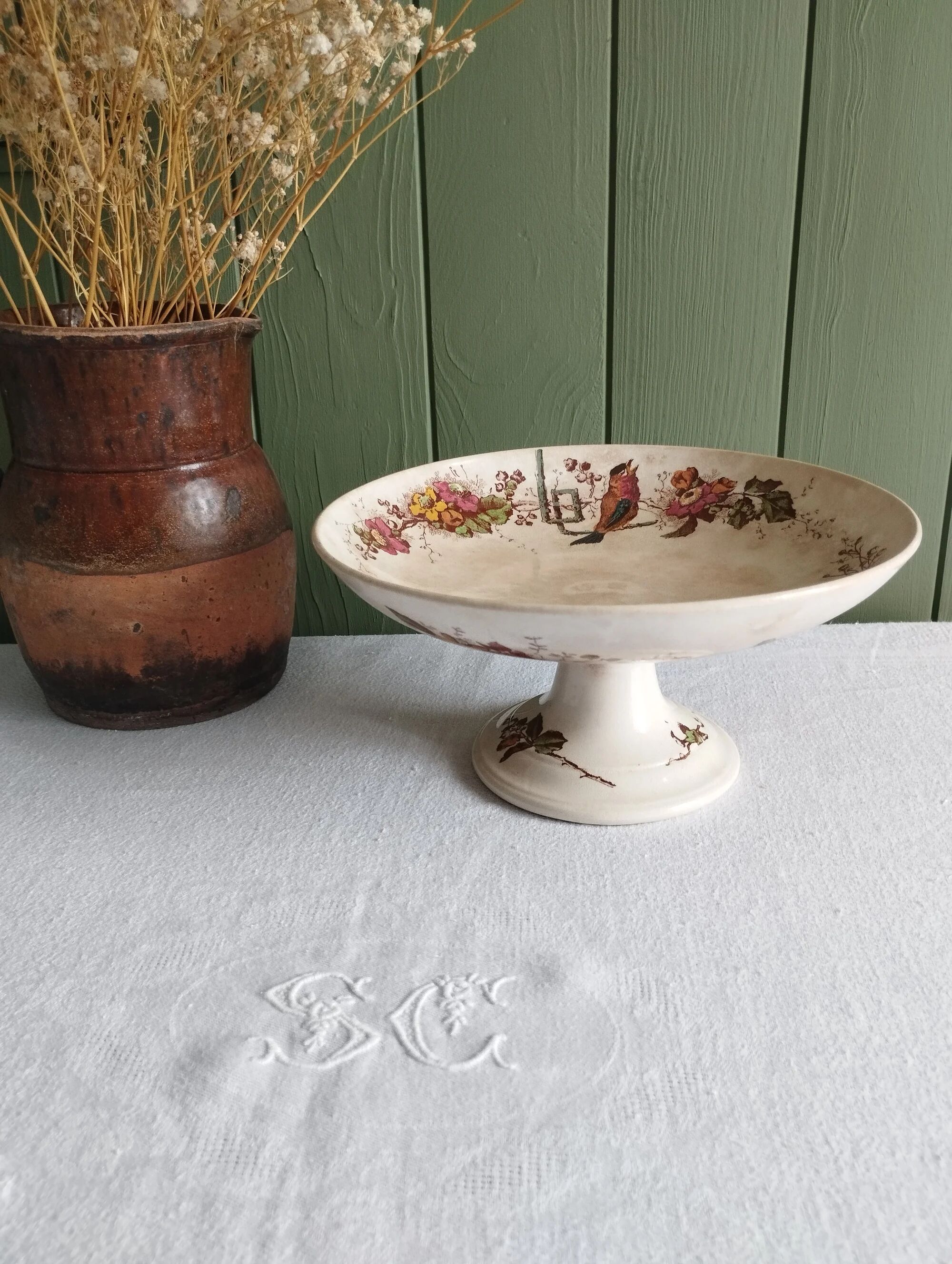 Ironstone compote E. Bourgeois Grand Dépôt Birds