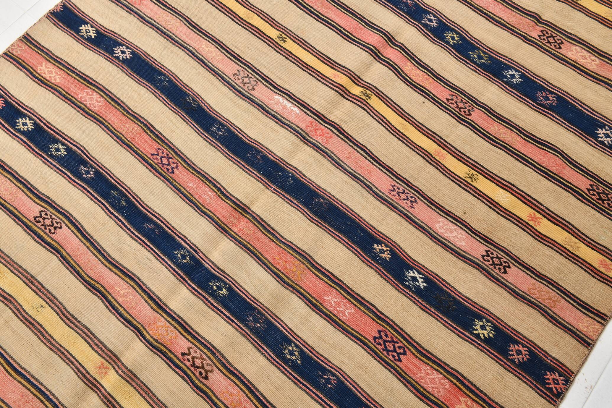 5x8 Cream & Navy Blue Striped Pattern Kilim Rug, 152x234Cm