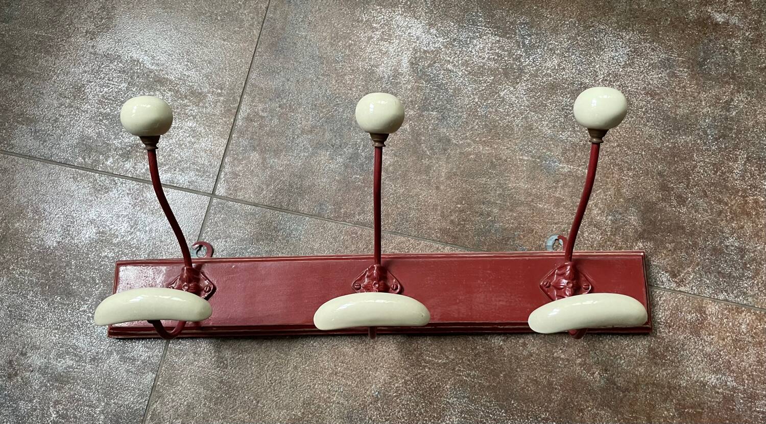 vintage wall coat rack in wood and porcelain