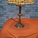 large 1920 bronze lamp with tiffany lampshade, 51x33 with 2 switches see photos