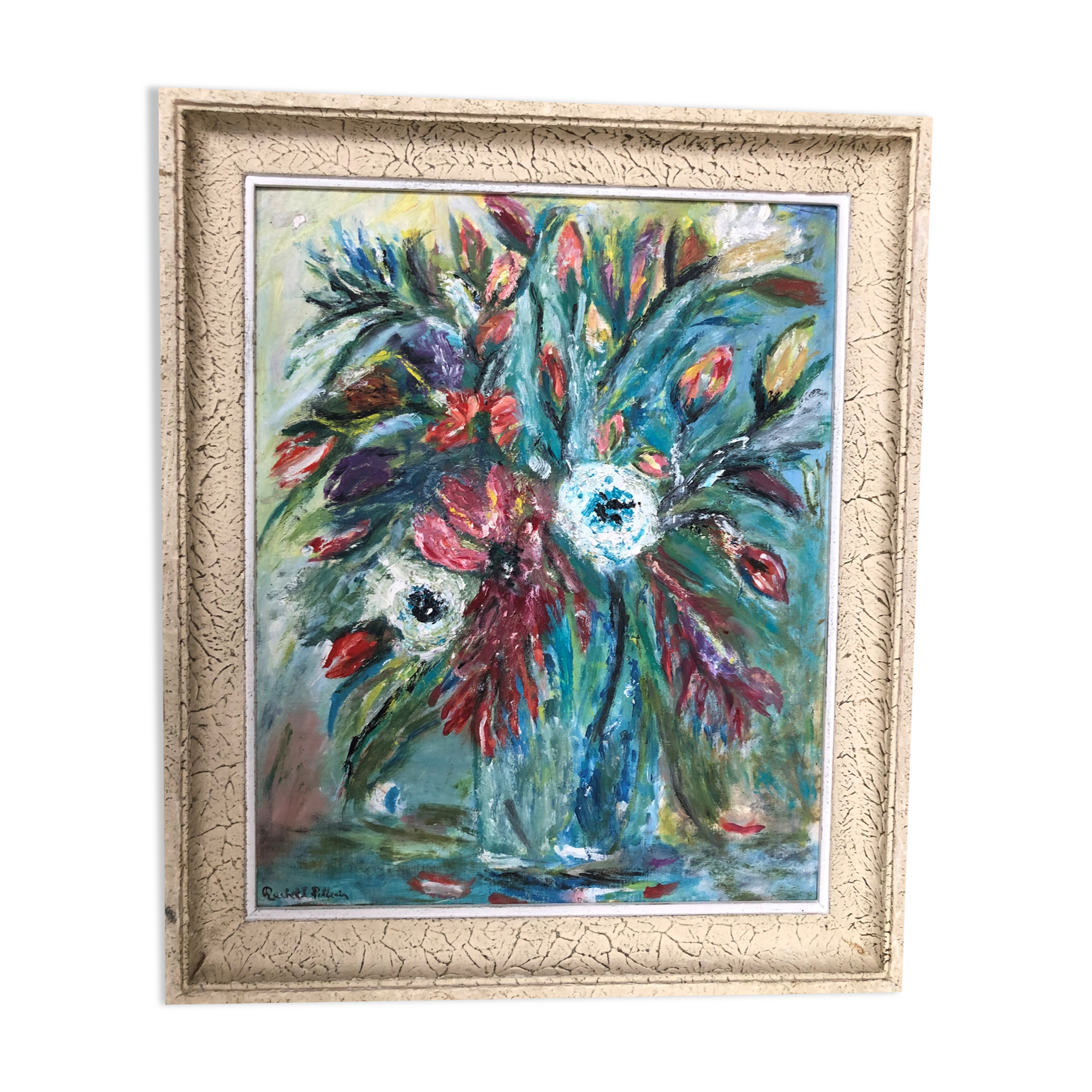 Painting: oil on still life panel with a tawny bouquet