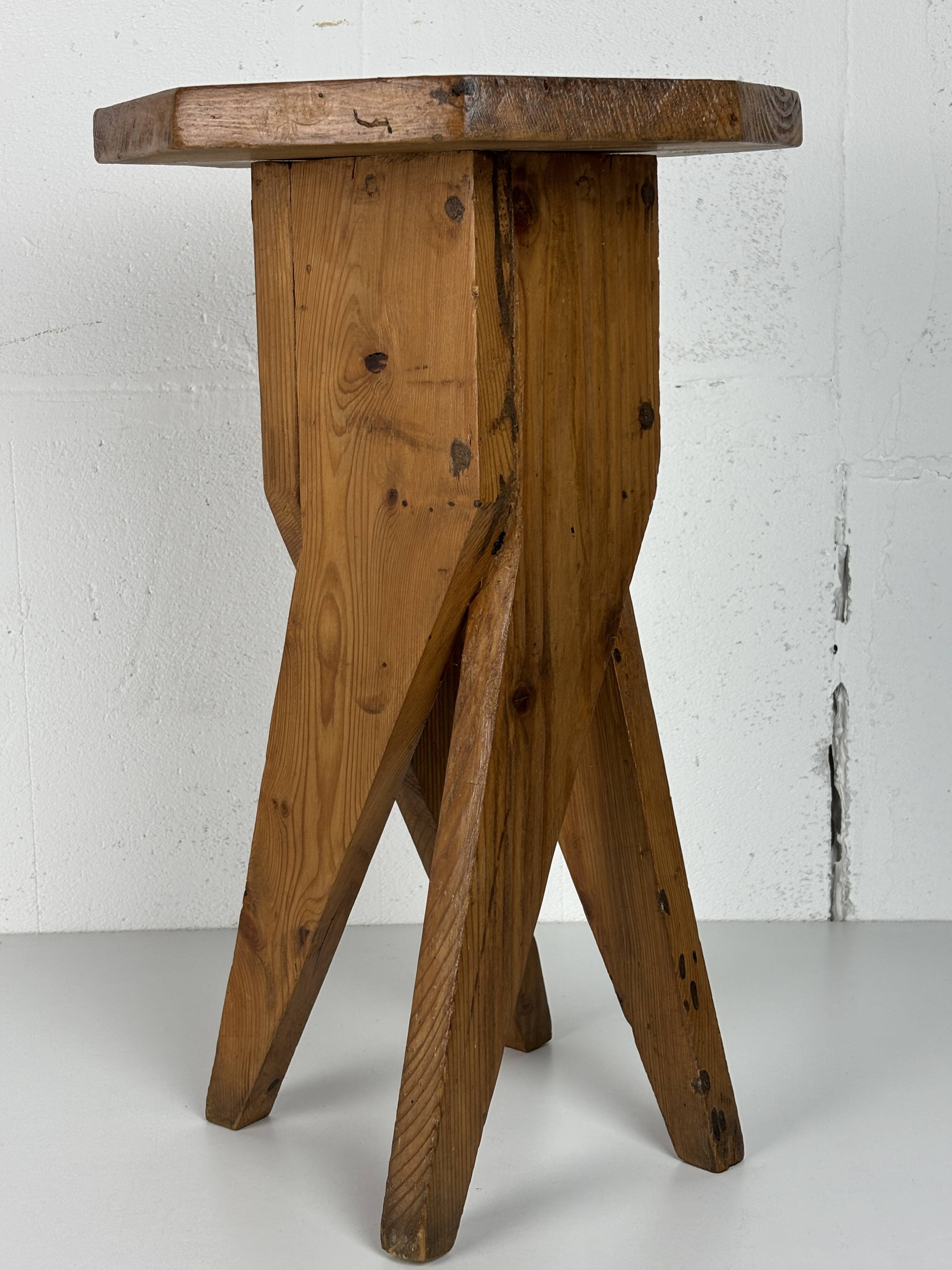Midcentury brutalist artisanal rustic handcrafted stool, France 1960s