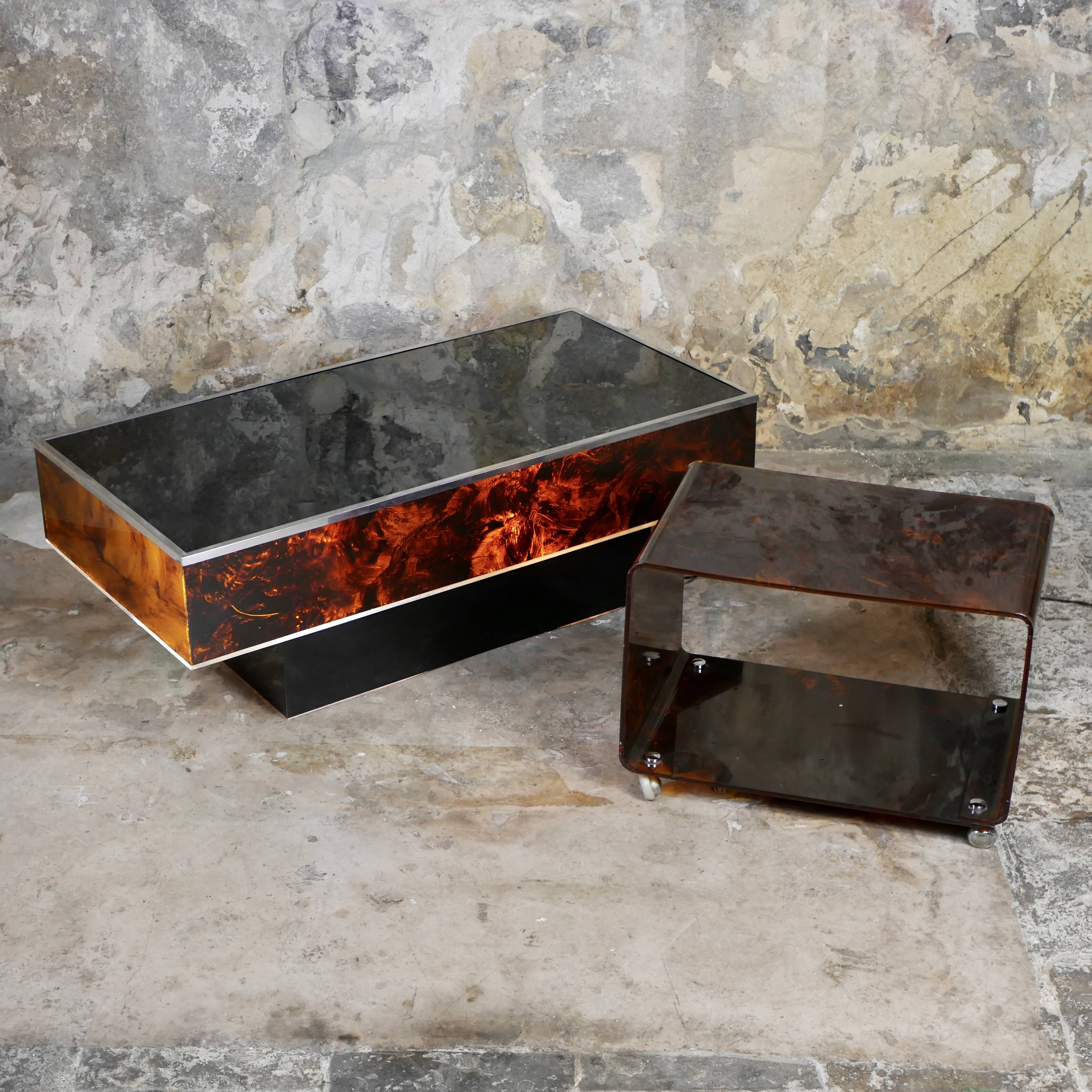 Tortoiseshell plexi side table on casters