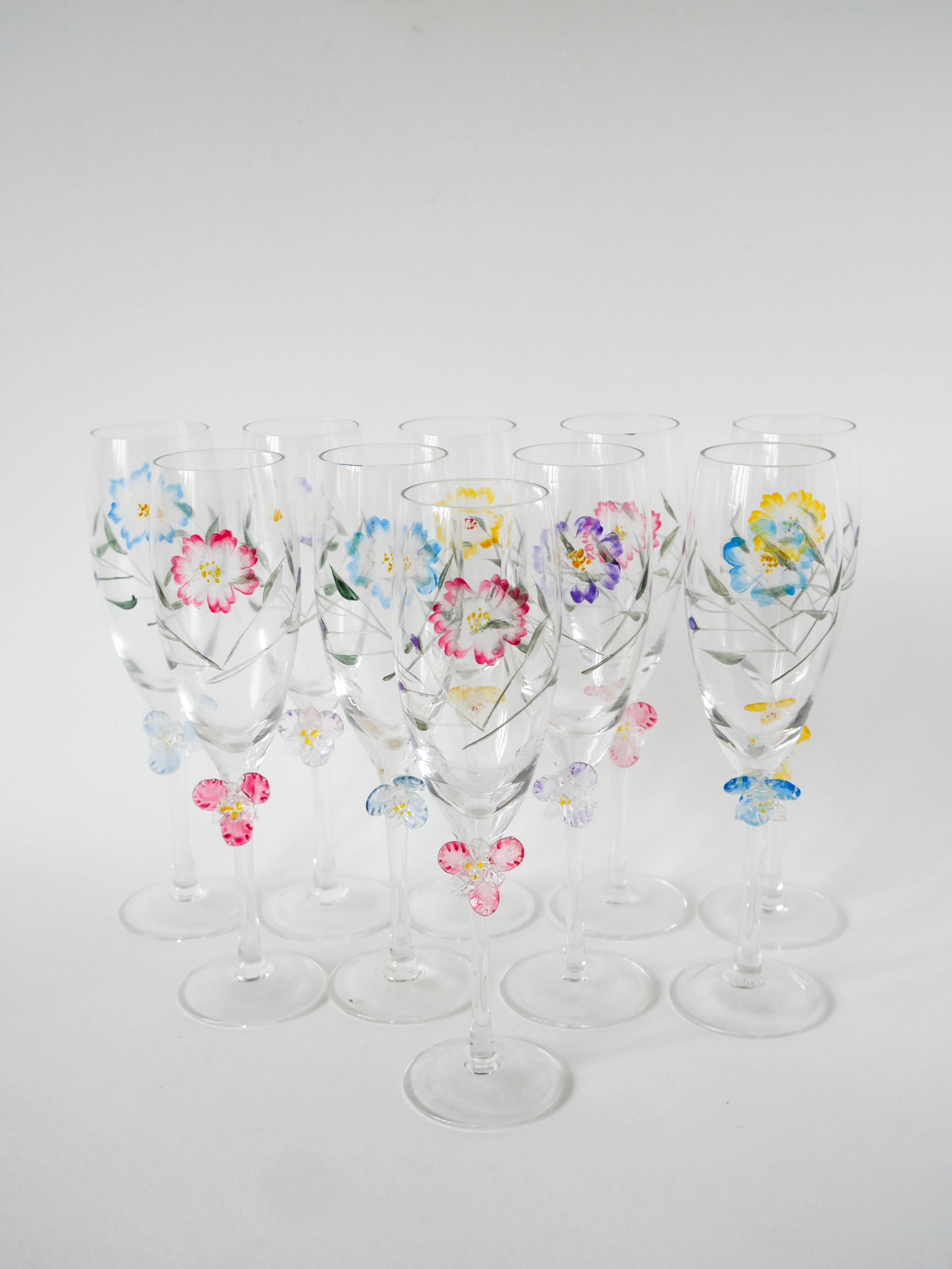 Set of 10 hand-painted champagne flutes with embossed flowers