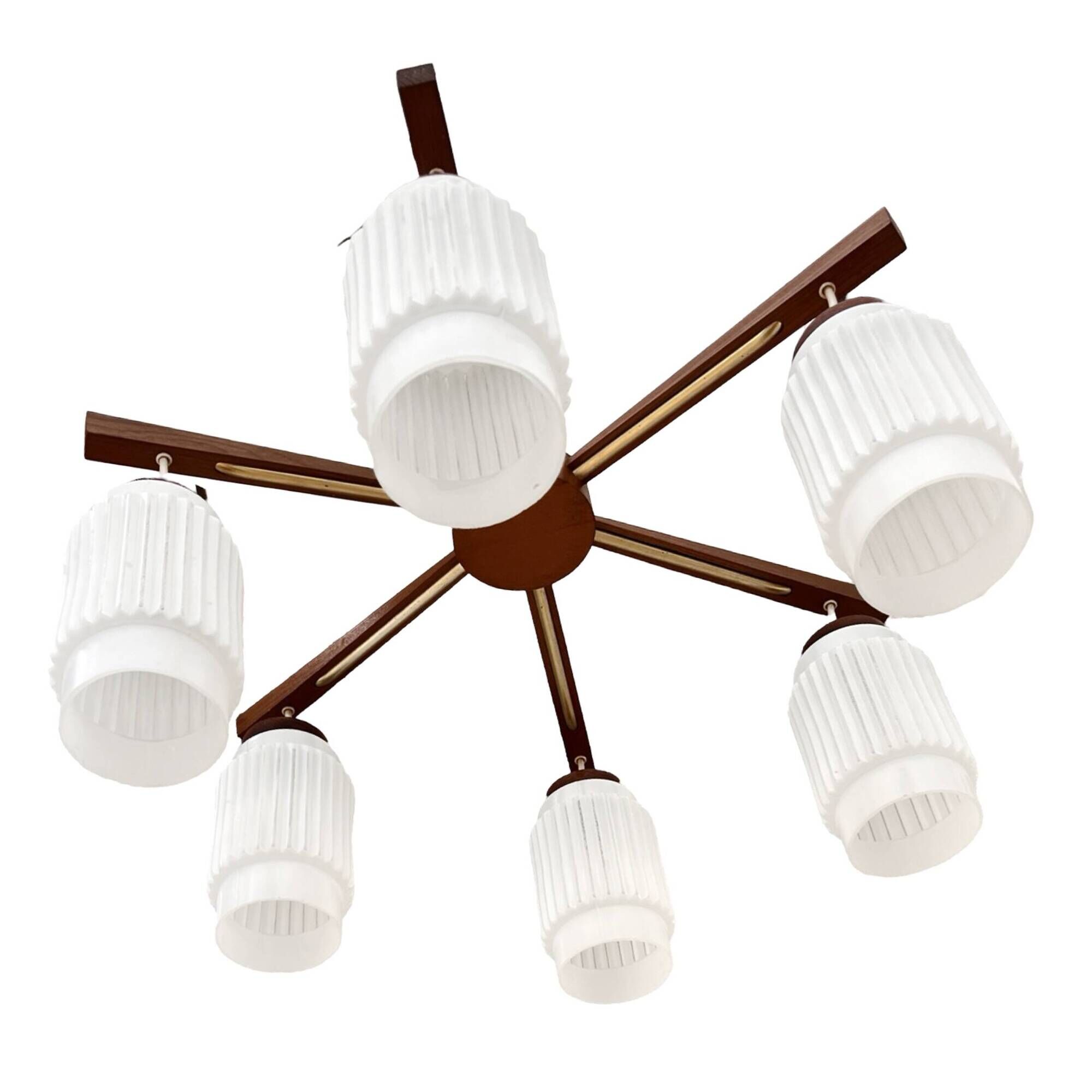 Scandinavian six-arm chandelier made of teak wood, Denmark, 1970s.