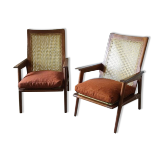 Paire de fauteuils acajou et cannage années 50