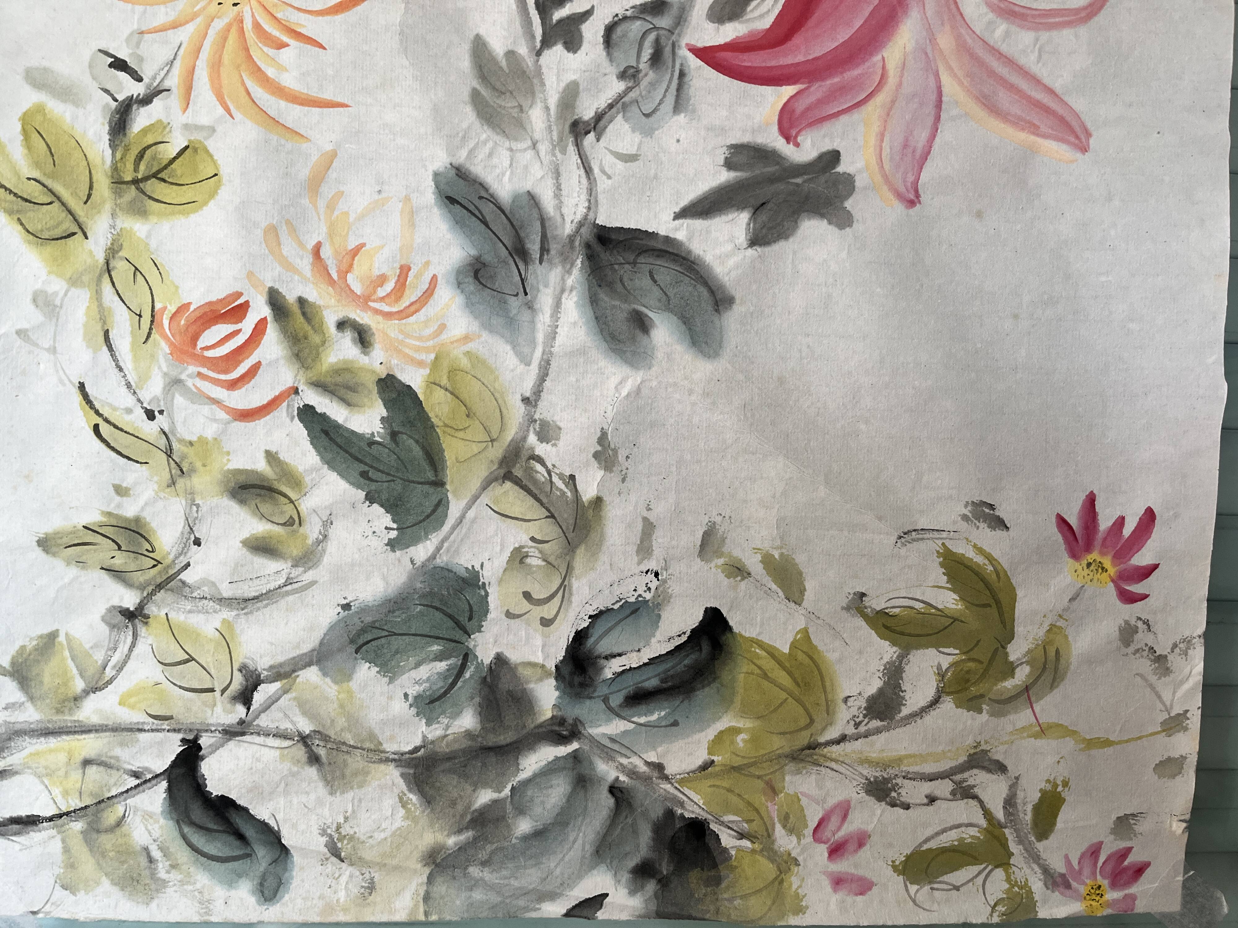 Asia, painting on chrysanthemum rice paper stamp 20th century