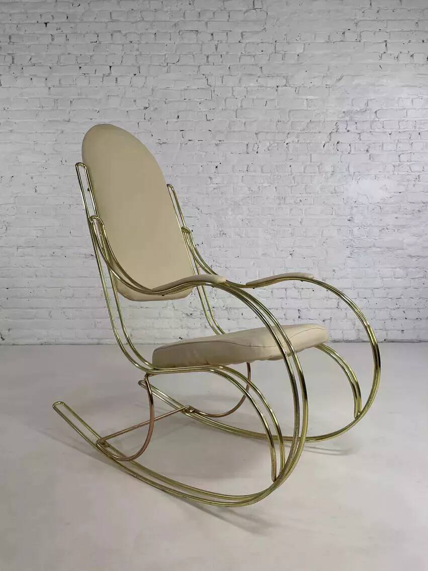 1960s rocking chair in brass and ecru imitation leather