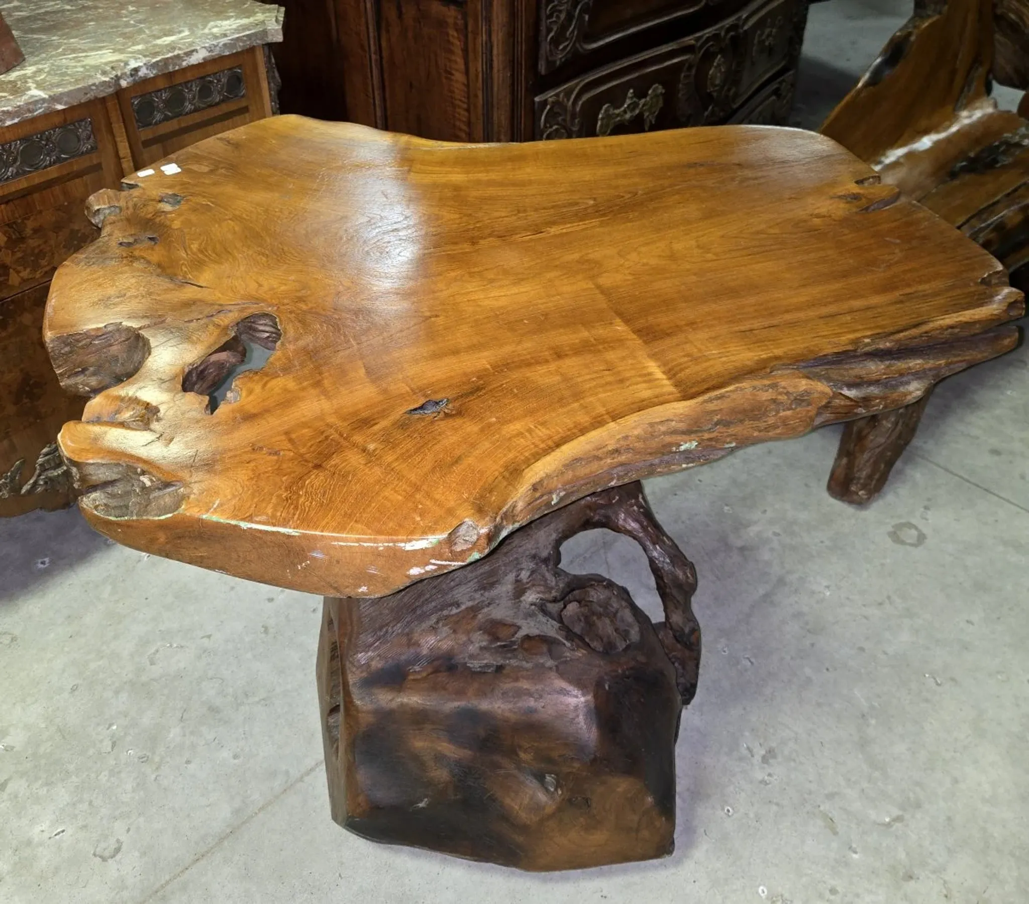 Sculpted olive wood table, made from a root.