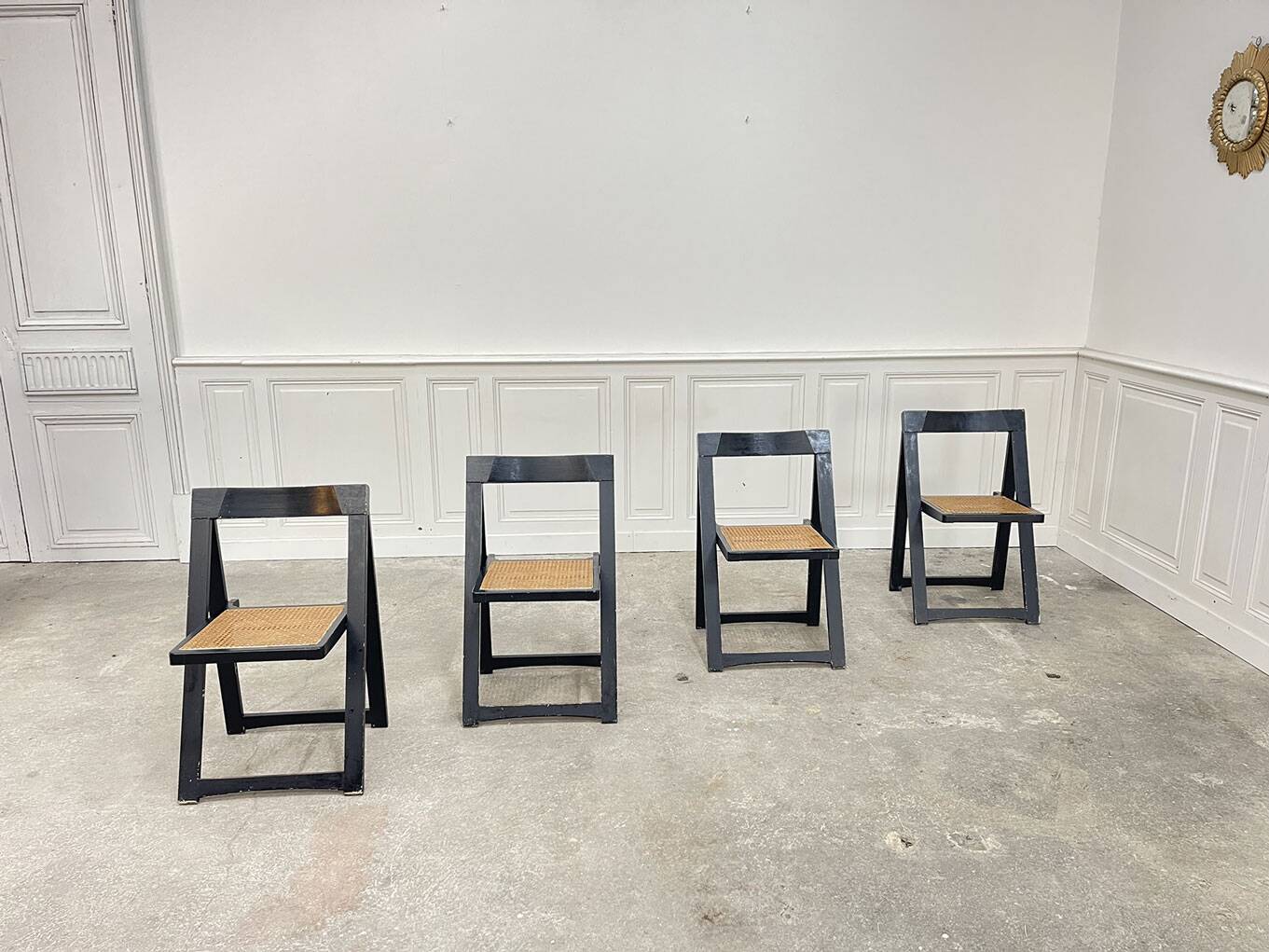 4 vintage folding chairs in wood and cane