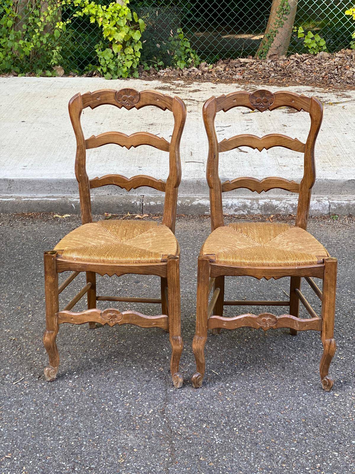 2 chaises bois massif et paillées style Louis XV sculpture coquille