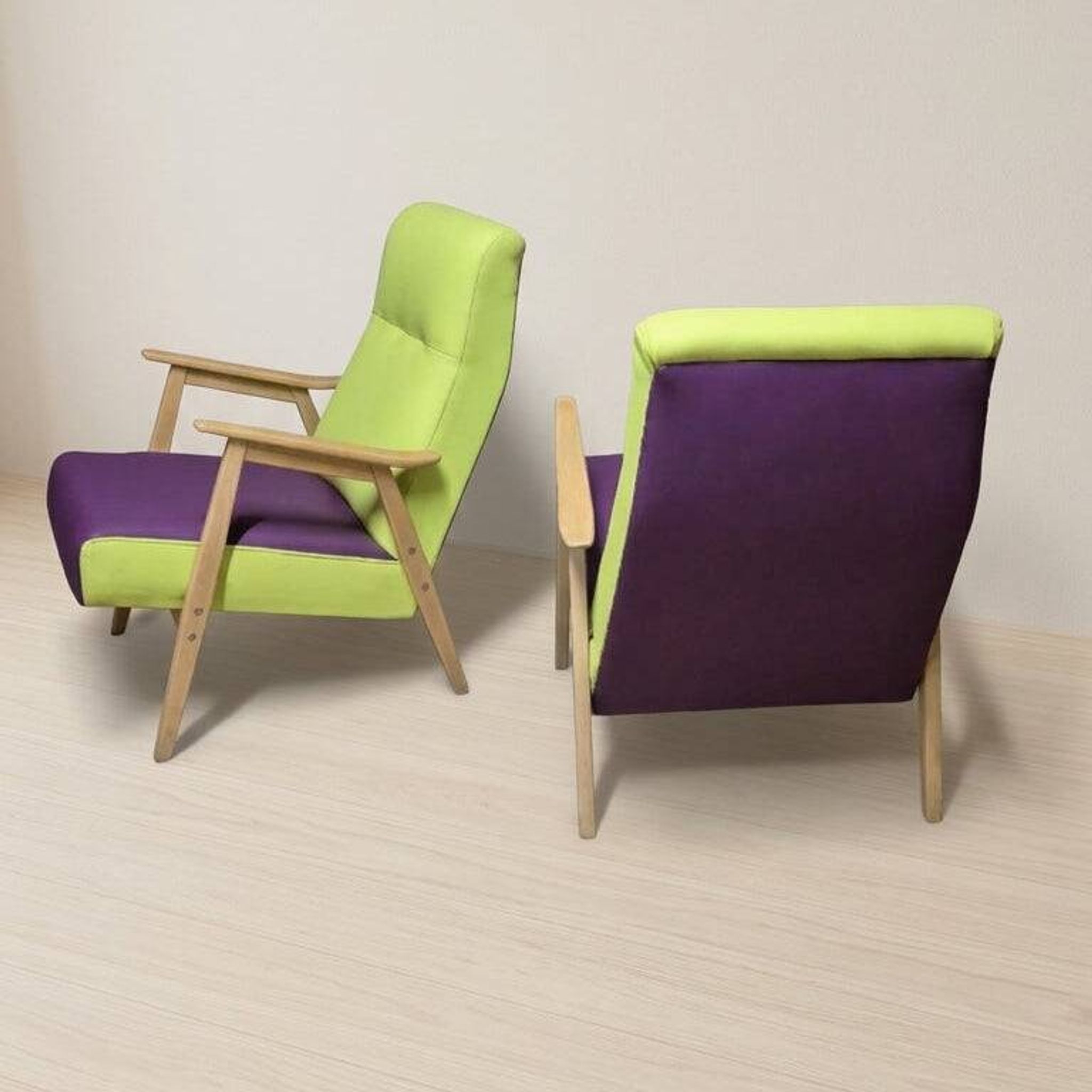 Pair of restored vintage armchairs, green and purple upholstery