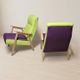Pair of restored vintage armchairs, green and purple upholstery