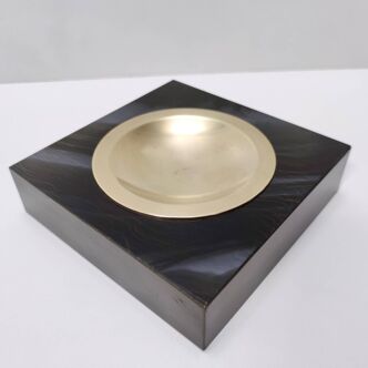 Postmodern Square Brass and Faux Black Marble Ashtray Italy
