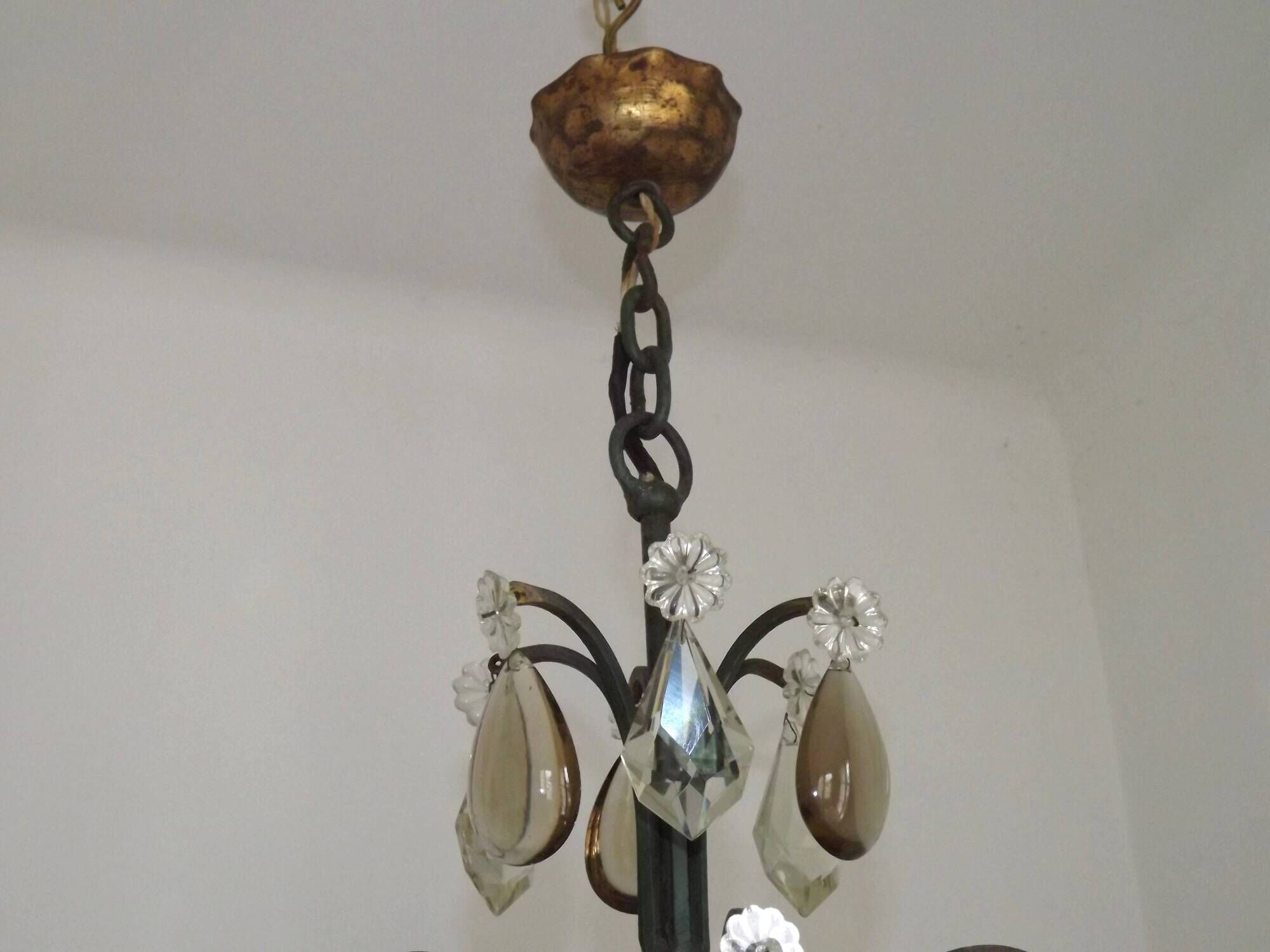 French Art Deco 6-Light Green Finish Bronze Crystal & Glass Chandelier 5343