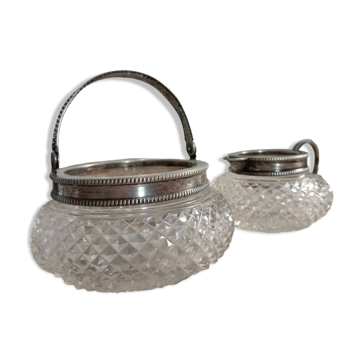 Creamer and jam maker in diamond-point crystal and silver rim, circa 1930