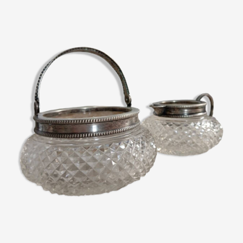 Creamer and jam maker in diamond-point crystal and silver rim, circa 1930