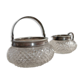 Crémier et confiturier en cristal pointe diamant et cerclage argent, 1930 env