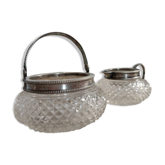 Creamer and jam maker in diamond-point crystal and silver rim, circa 1930