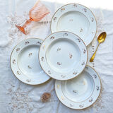 4 white porcelain L'Amandinoise soup plates with gold floral pattern