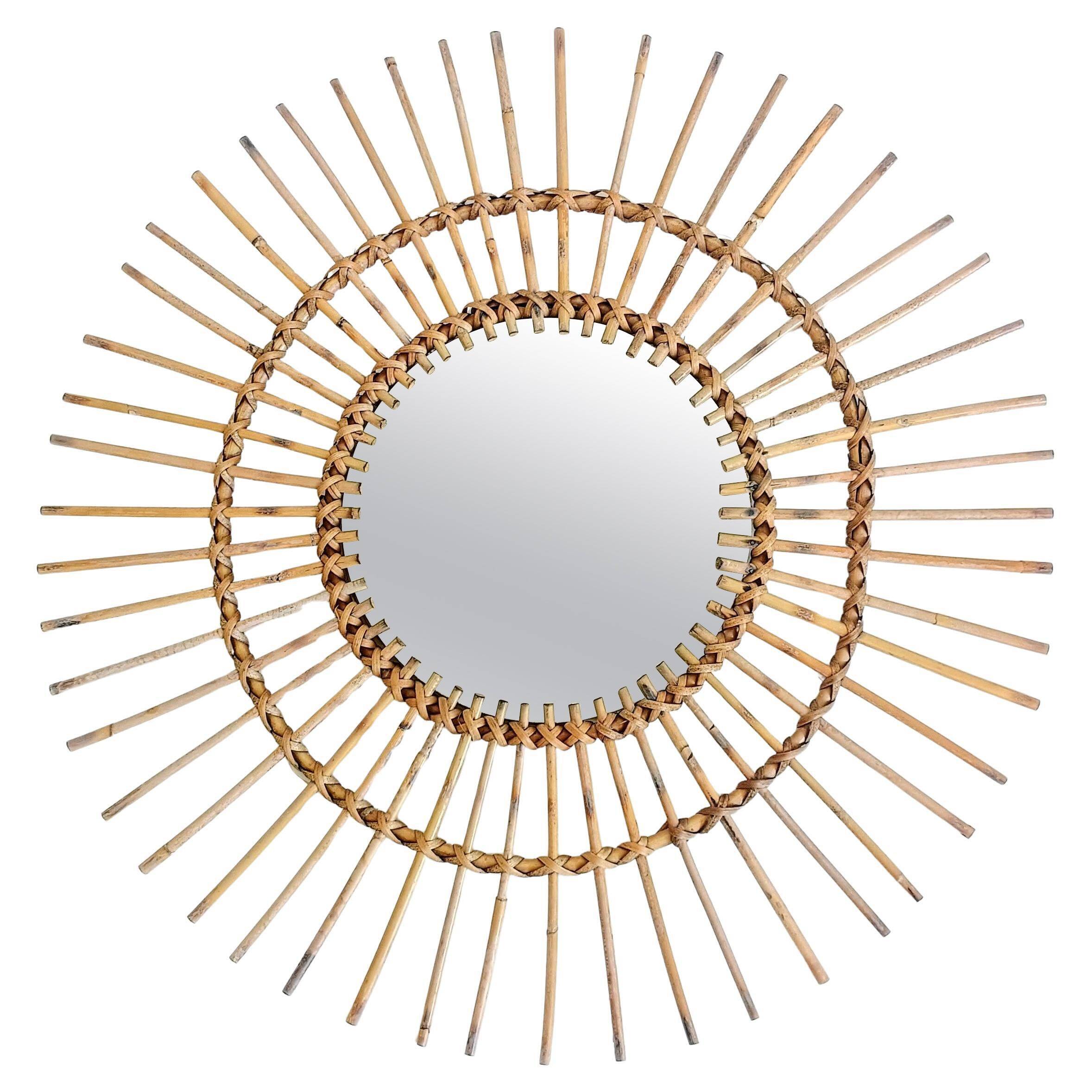 Mid Century Organic Modern Bamboo & Rattan Sunburst Patinated Mirror, 1960s