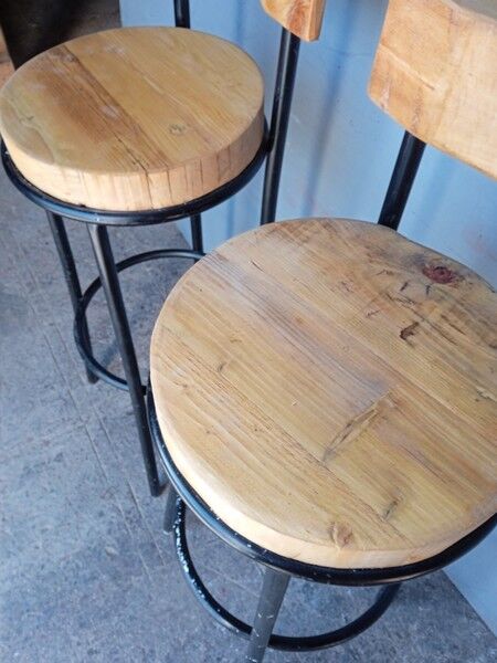 Pair 2 high bar stools wood and metal