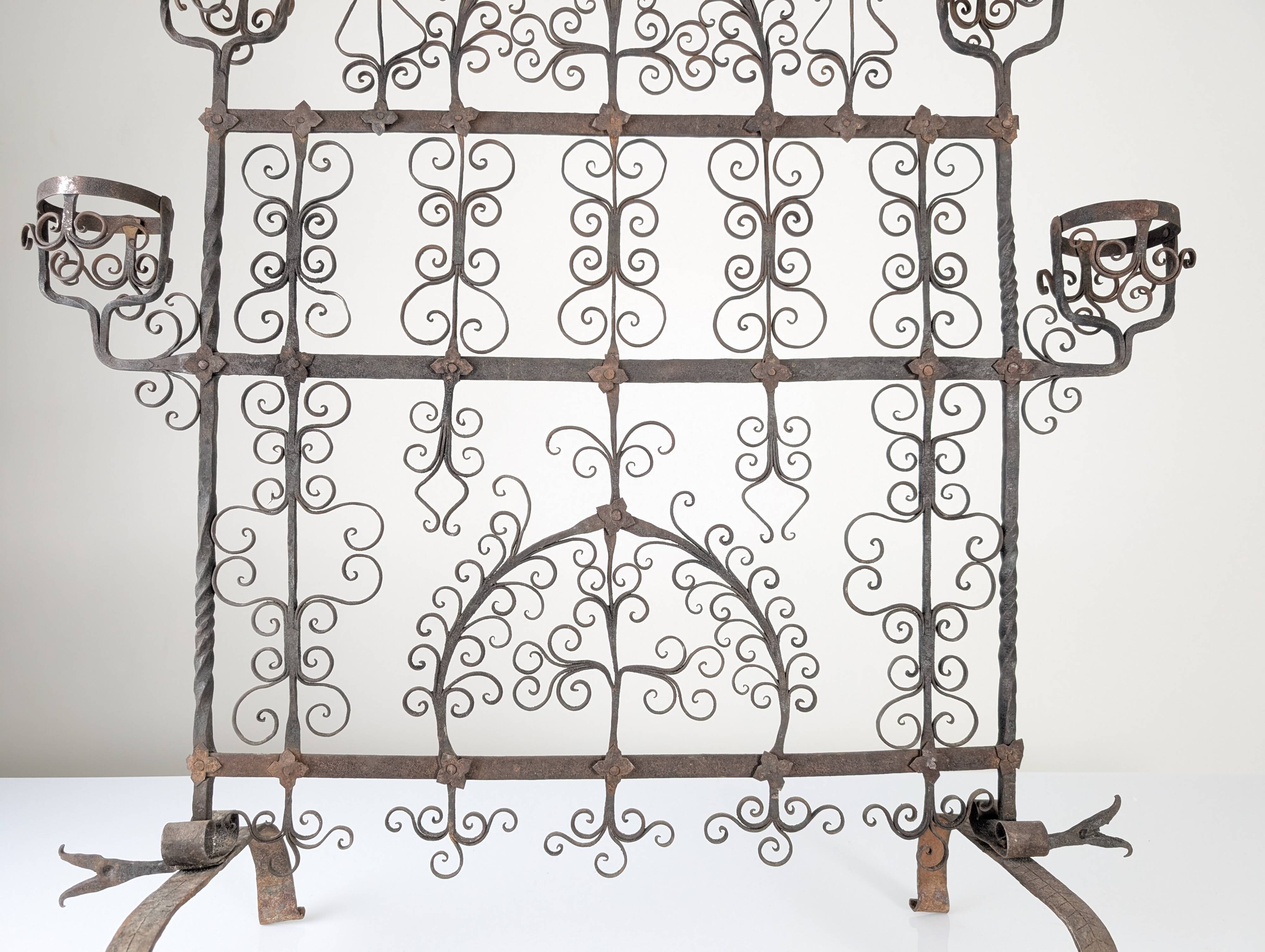 Spanish Wrought Iron Fireplace Screen Candelabra, Arts and Crafts, 1880s