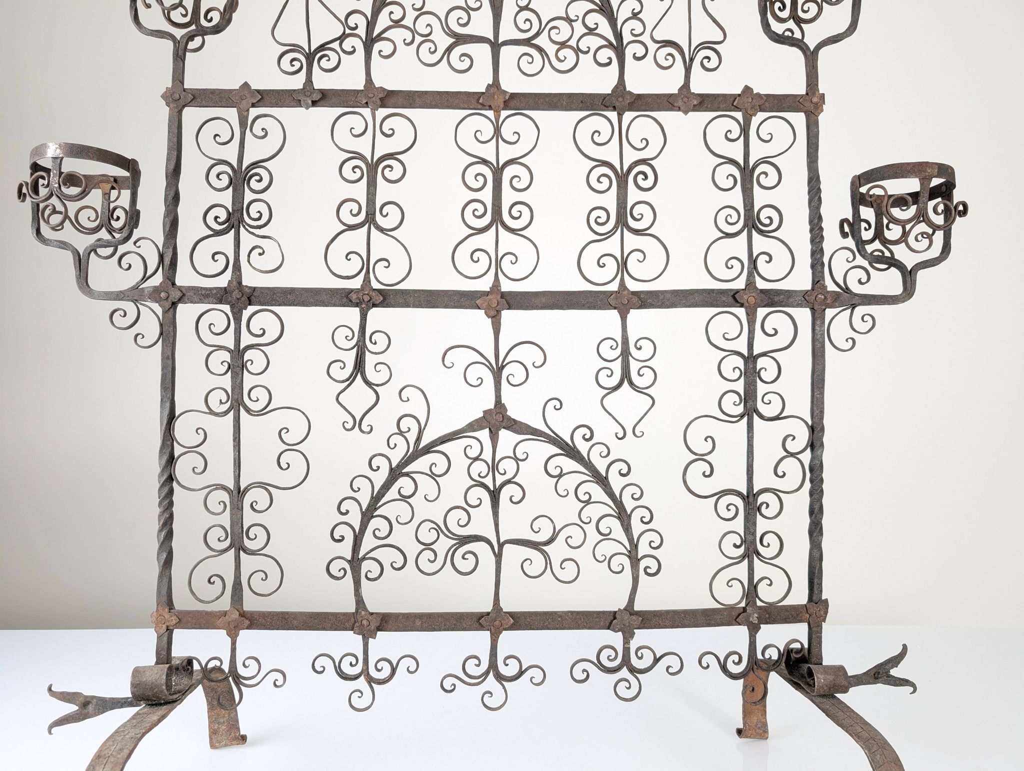 Spanish Wrought Iron Fireplace Screen Candelabra, Arts and Crafts, 1880s