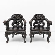 Pair of Chinese Qing Dynasty Carved Dragon Armchairs,Ebonized Hardwood,19th