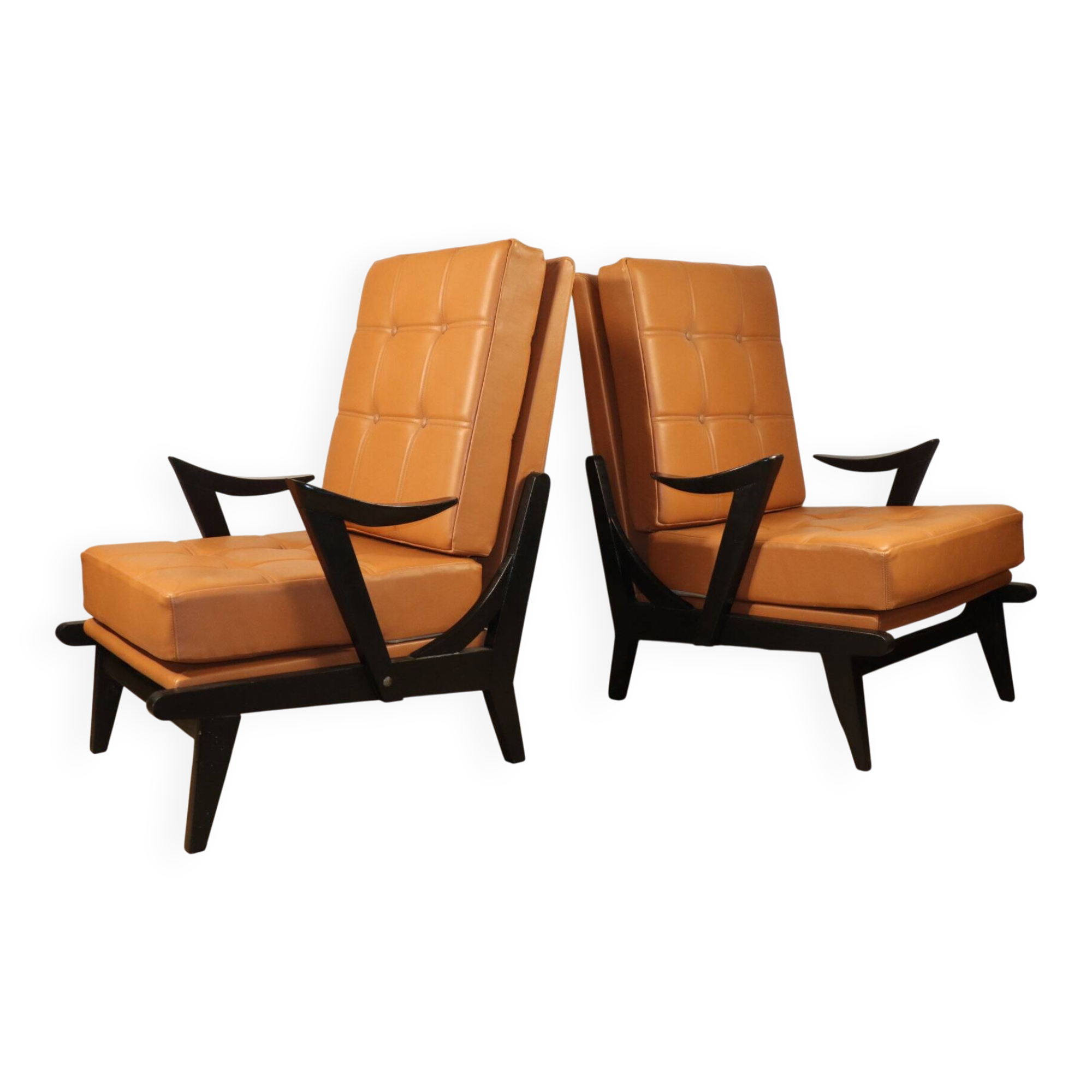 Paire de fauteuils vintage années 50 en bois noir et cuir caramel
