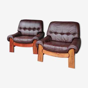 Pair of Armchairs 60s of the House REGAIN in elm and leather