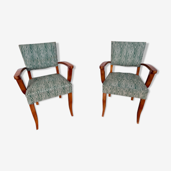 Pair of 50s Bridge armchairs vintage zebra pattern green