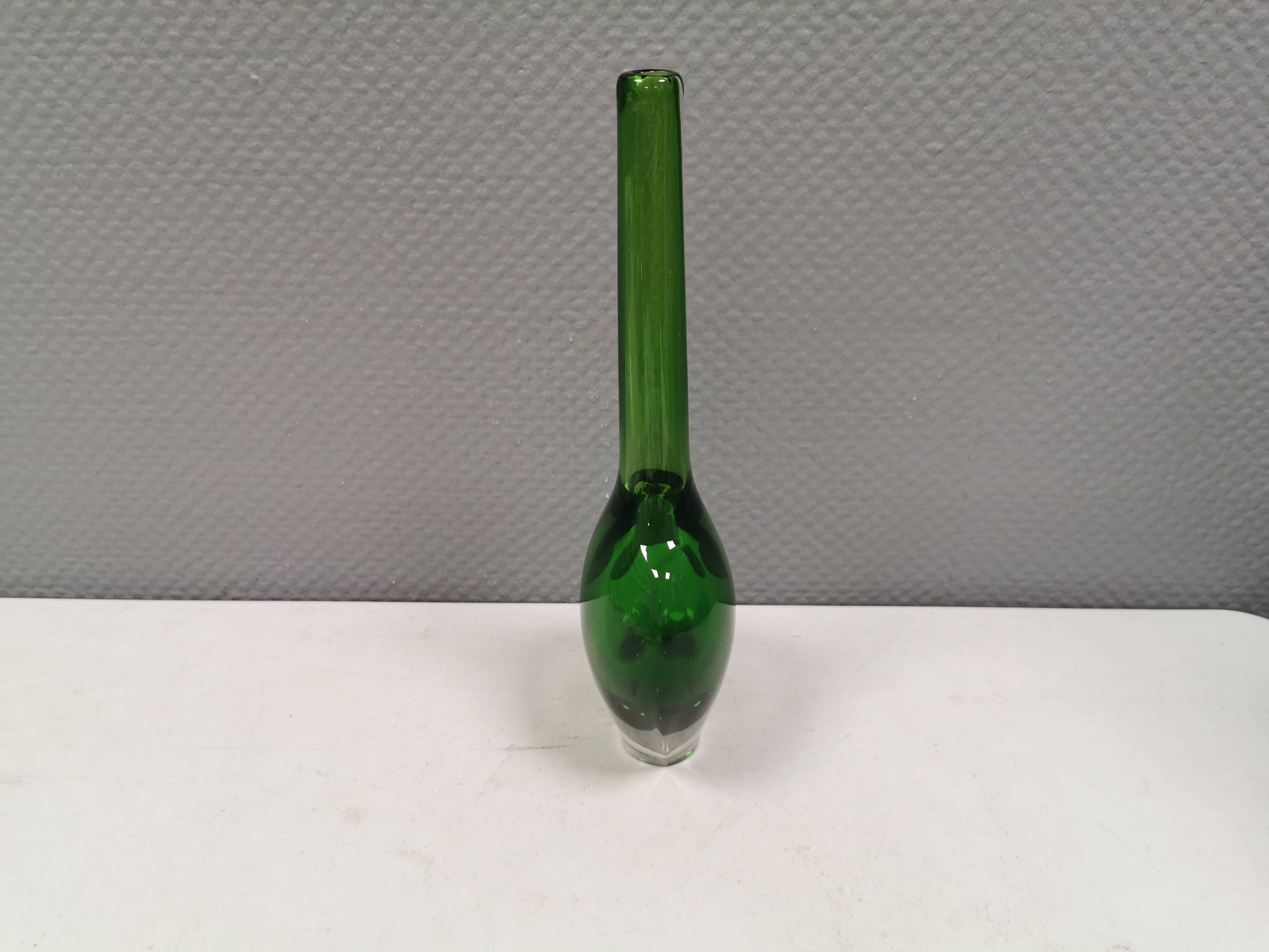 Handmade Murano vase in green and transparent. Estimated 1970-1980