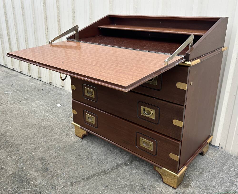 Vintage navy wood scriban chest of drawers and chair