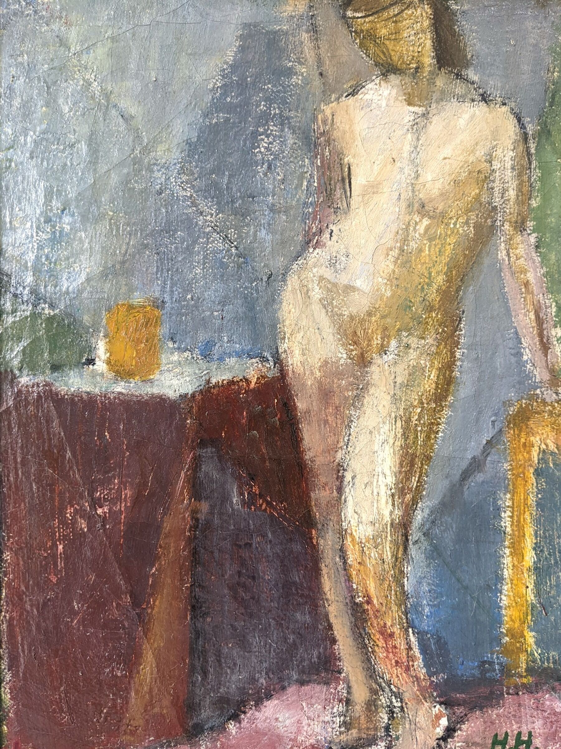 1945 Mid-Century Modern "Leaning Model" Swedish Vintage Figurative Portrait Oil Painting, Framed