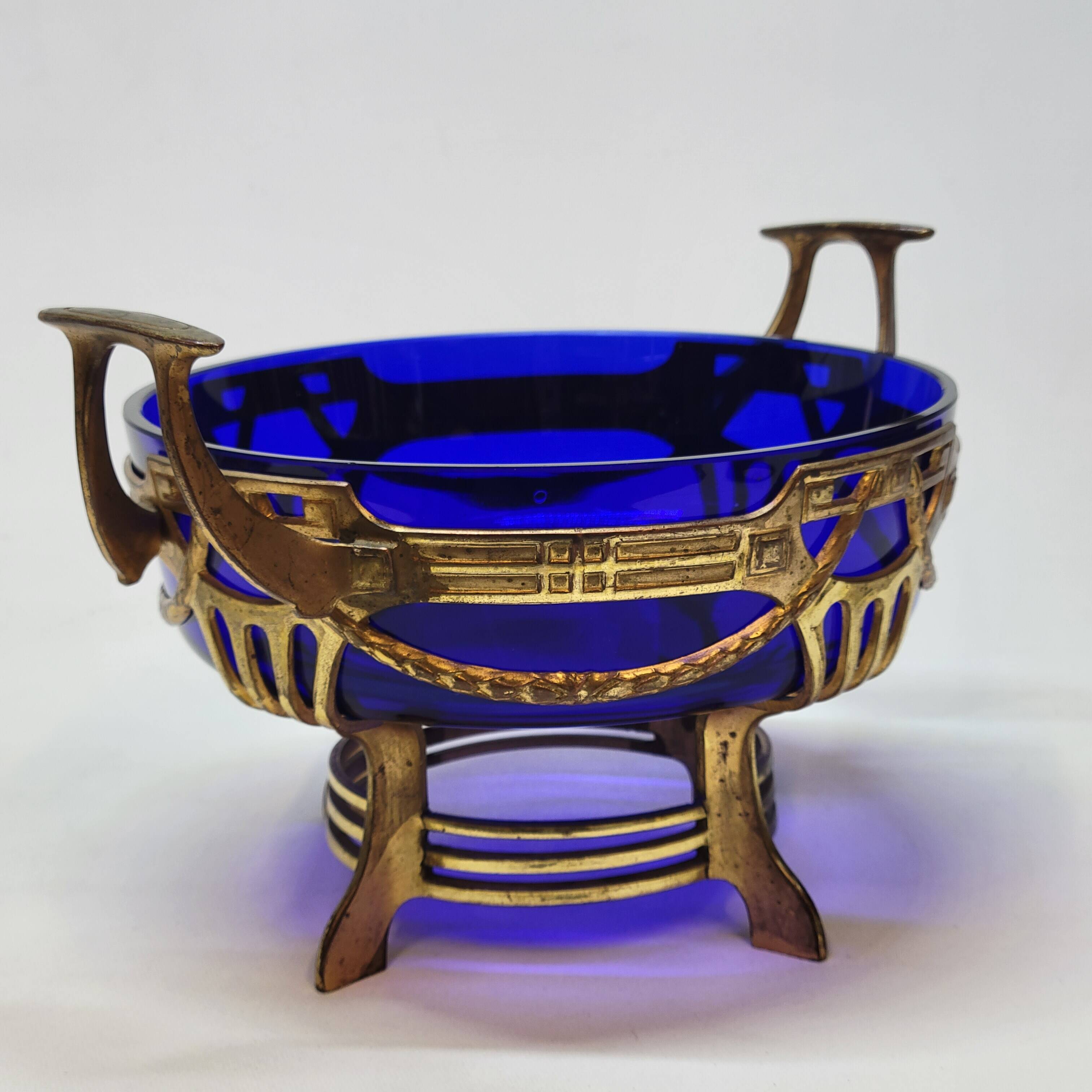 Antique gold metal and cobalt blue glass centerpiece planter