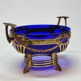 Ancienne jardinière centre de table en métal doré et verre bleu cobalt
