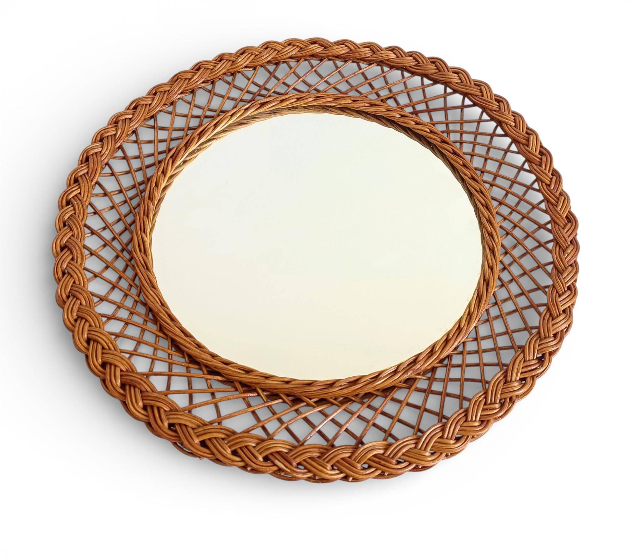 Rustic French Provence Wicker Round Mirror, Organic Modern, Handmade, France