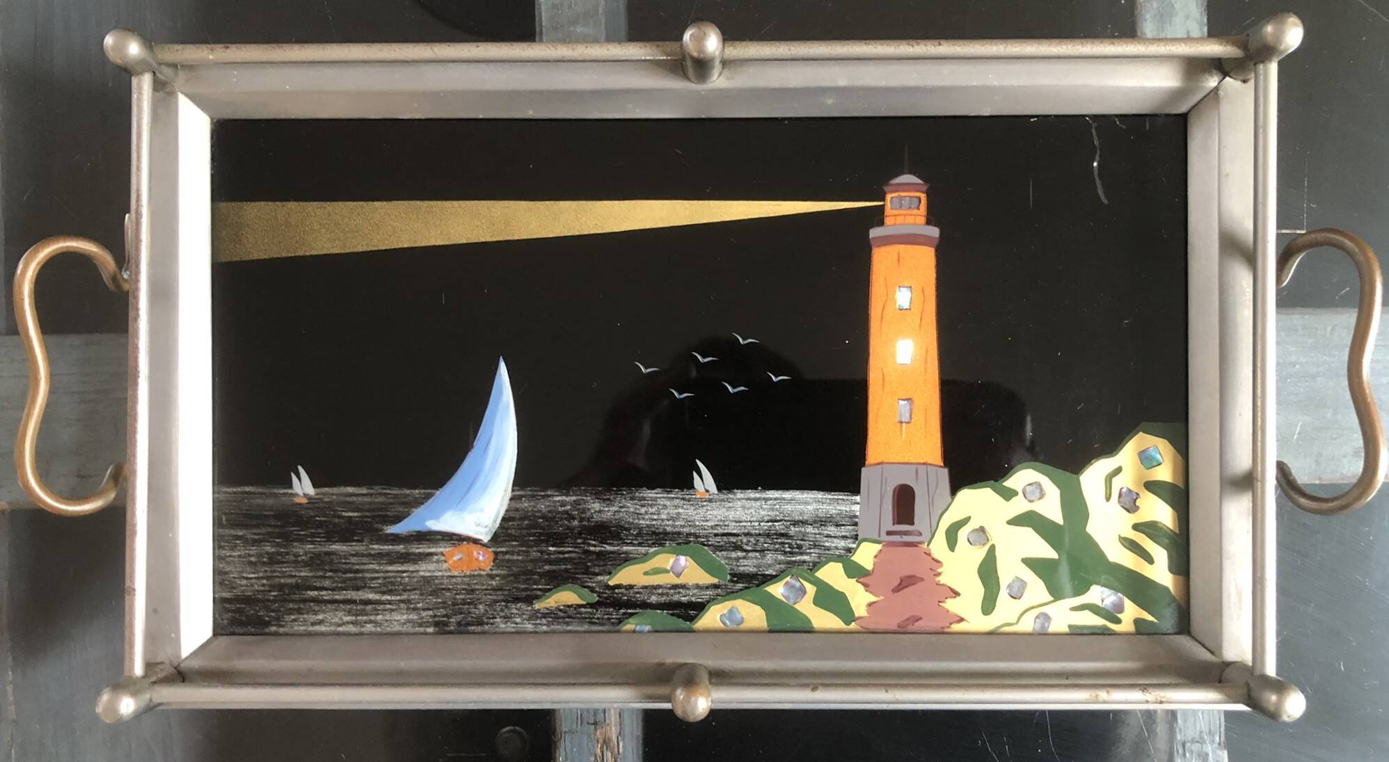 Plateau à service Art-Déco – Peinture sous verre & nacre